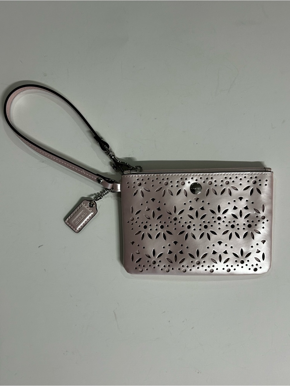 Coach Light Pink Perforated Leather Wristlet with Strap